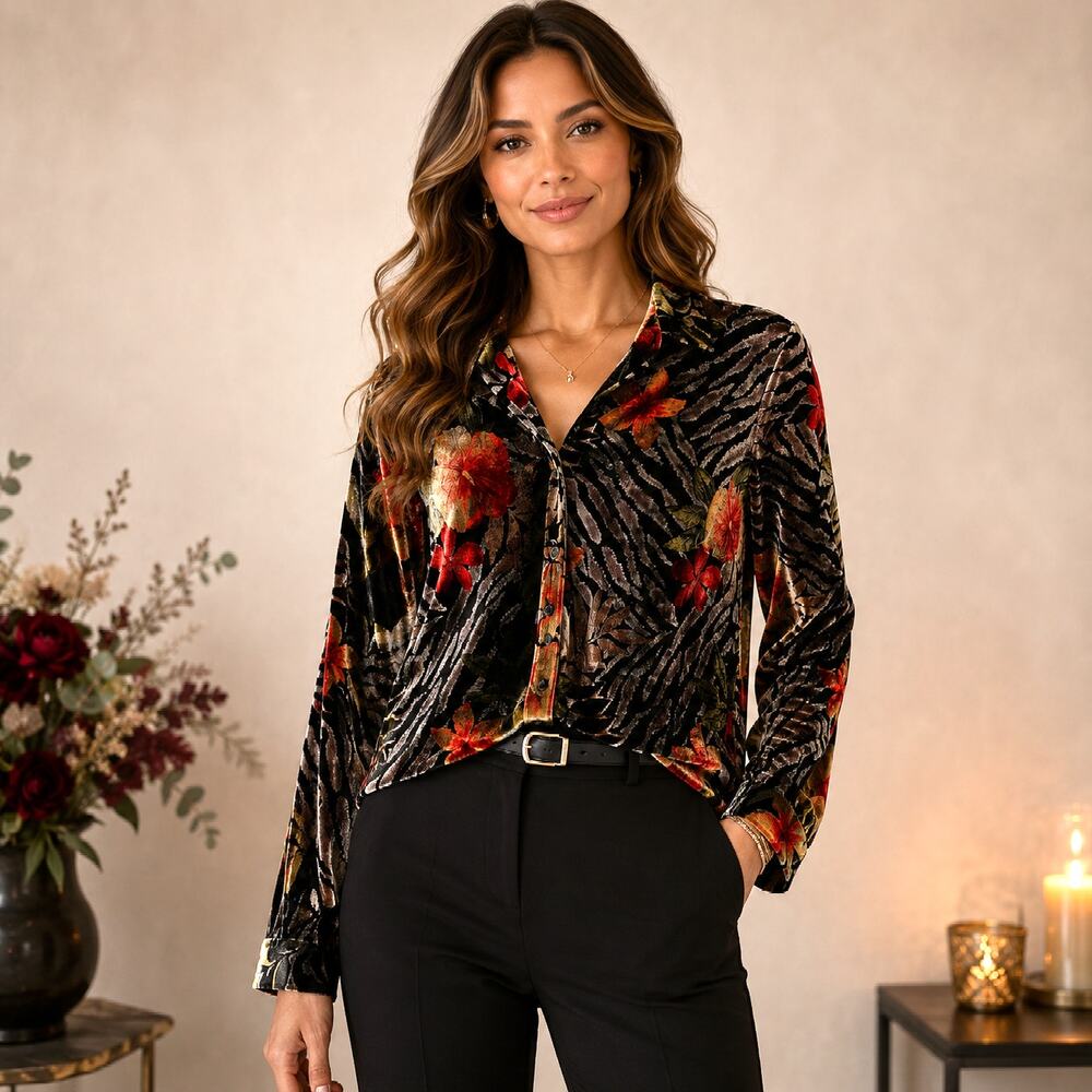 Sag Habor Velvet Button-Up Top Women's Size S Multi Floral Boho Retri Vintage